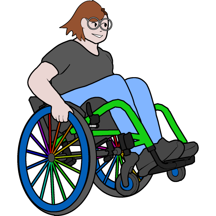 A pale person with a mohawk doing a wheelie in a green rigid active wheelchair with rainbow spokes.